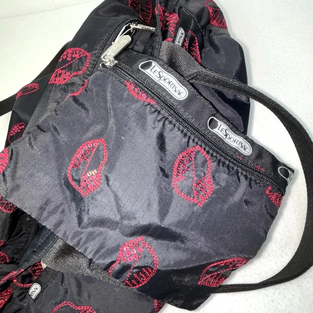 Le Sportsac Sequin Hot Lips Tote & Cosmetic Bag Black Red Pink Lips Nylon RARE